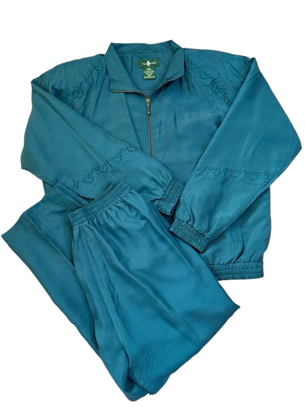 VTG Hunt Club 2-Piece Silk Bomber Jacket & Pants Set Teal Blue Embroidered Large